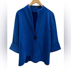 Radzoli Royal Blue Faux Suede Asymmetrical Button Front Blazer Jacket 3/4 Sleeve